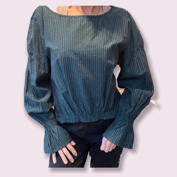 Walter Backer Chester Top Teal Long Sleeve Pinstripe Stripe Blouse Size large. - Picture 1 of 8